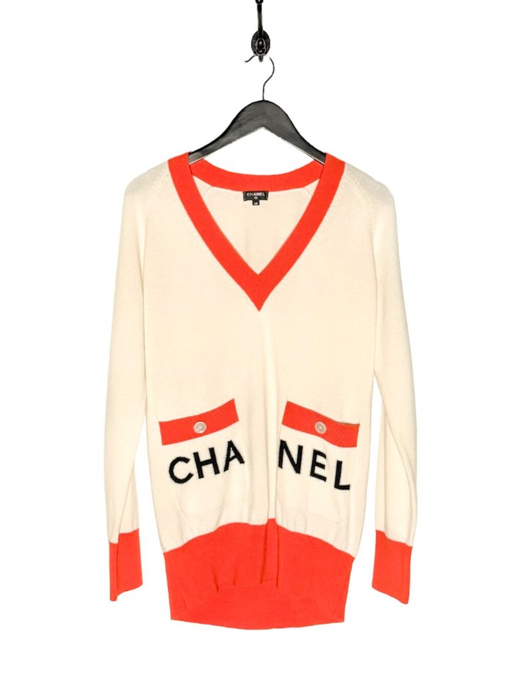 Chanel 2019 La Pausa Ivory Orange Logo V-neck Cashmere Sweater